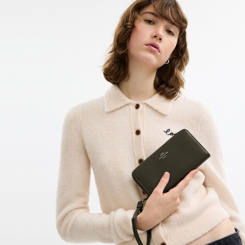 COACH®,Long Zip Around Wallet,Calfskin Leather,Continental,Wristlet,Logo,Casual,Black,Detail View