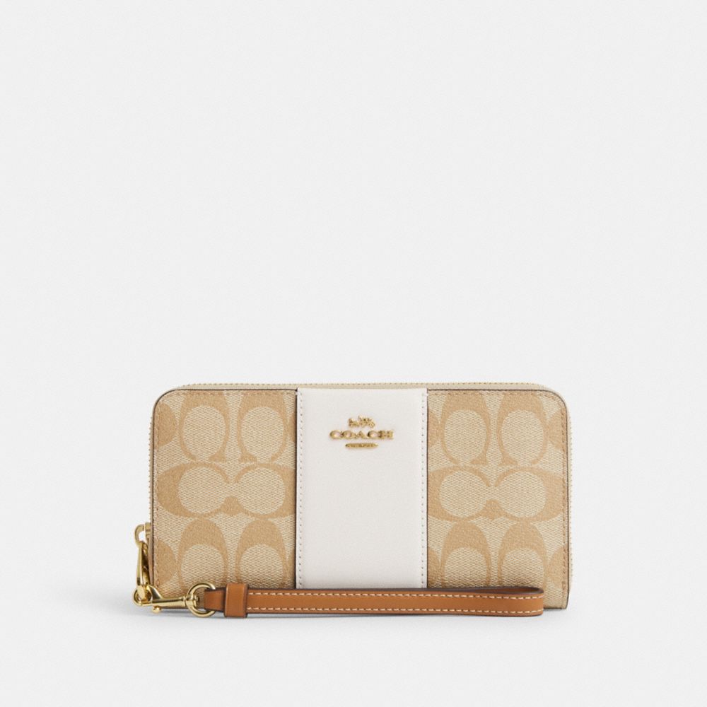 COACH®,LONG ZIP AROUND WALLET IN SIGNATURE CANVAS WITH STRIPE,Signature Canvas,Mini,Im/Light Khaki/Chalk Lt Saddle,Front View