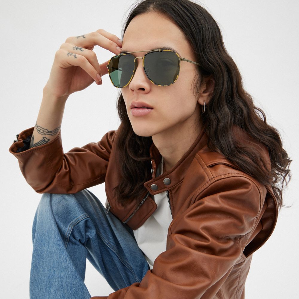 COACH®,Metal Windsor Pilot Sunglasses,Aviator,Tortoise,Logo,Word Embellishment,Brow Bar,Adjustable Nose Pads,Casual,Olive,Angle View