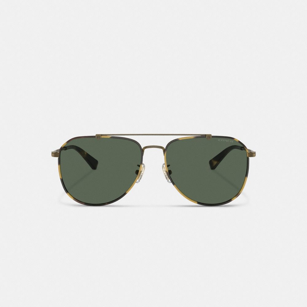 COACH®,Metal Windsor Pilot Sunglasses,Aviator,Tortoise,Logo,Word Embellishment,Brow Bar,Adjustable Nose Pads,Casual,Olive,Inside View,Top View