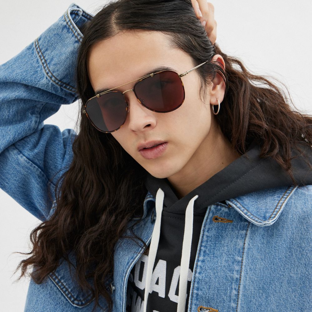 COACH®,Metal Windsor Pilot Sunglasses,Aviator,Tortoise,Logo,Word Embellishment,Brow Bar,Adjustable Nose Pads,Casual,Maroon,Angle View