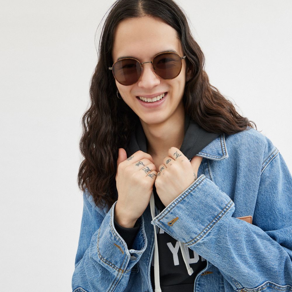 COACH®,Metal Windsor Round Sunglasses,Round,Word Embellishment,Logo,Adjustable Nose Pads,Casual,Brown,Angle View