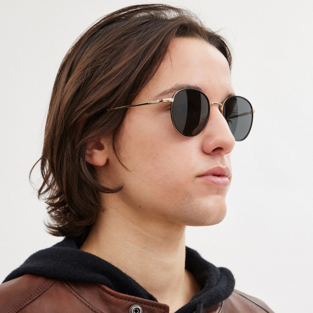 Coach Metal Windsor Round Sunglasses In Black/ Shiny Light Gold