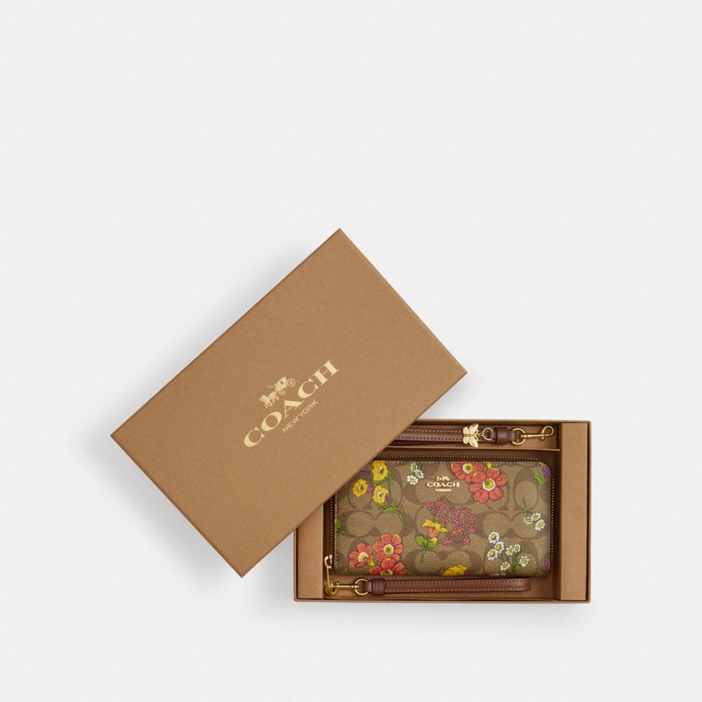 COACH®,BOXED LONG ZIP AROUND WALLET IN SIGNATURE CANVAS WITH FLORAL PRINT,Signature Canvas,Mini,Gold/Khaki Multi,Front View