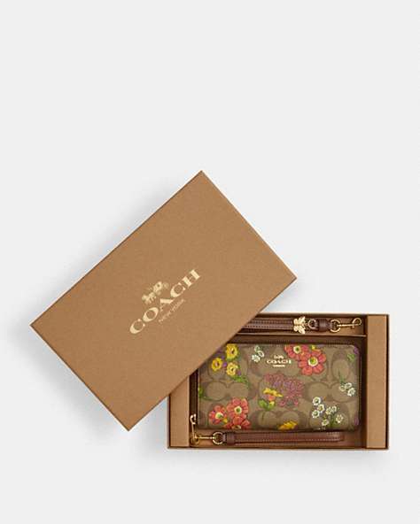 COACH®,BOXED LONG ZIP AROUND WALLET IN SIGNATURE CANVAS WITH FLORAL PRINT,pvc,Gold/Khaki Multi,Front View