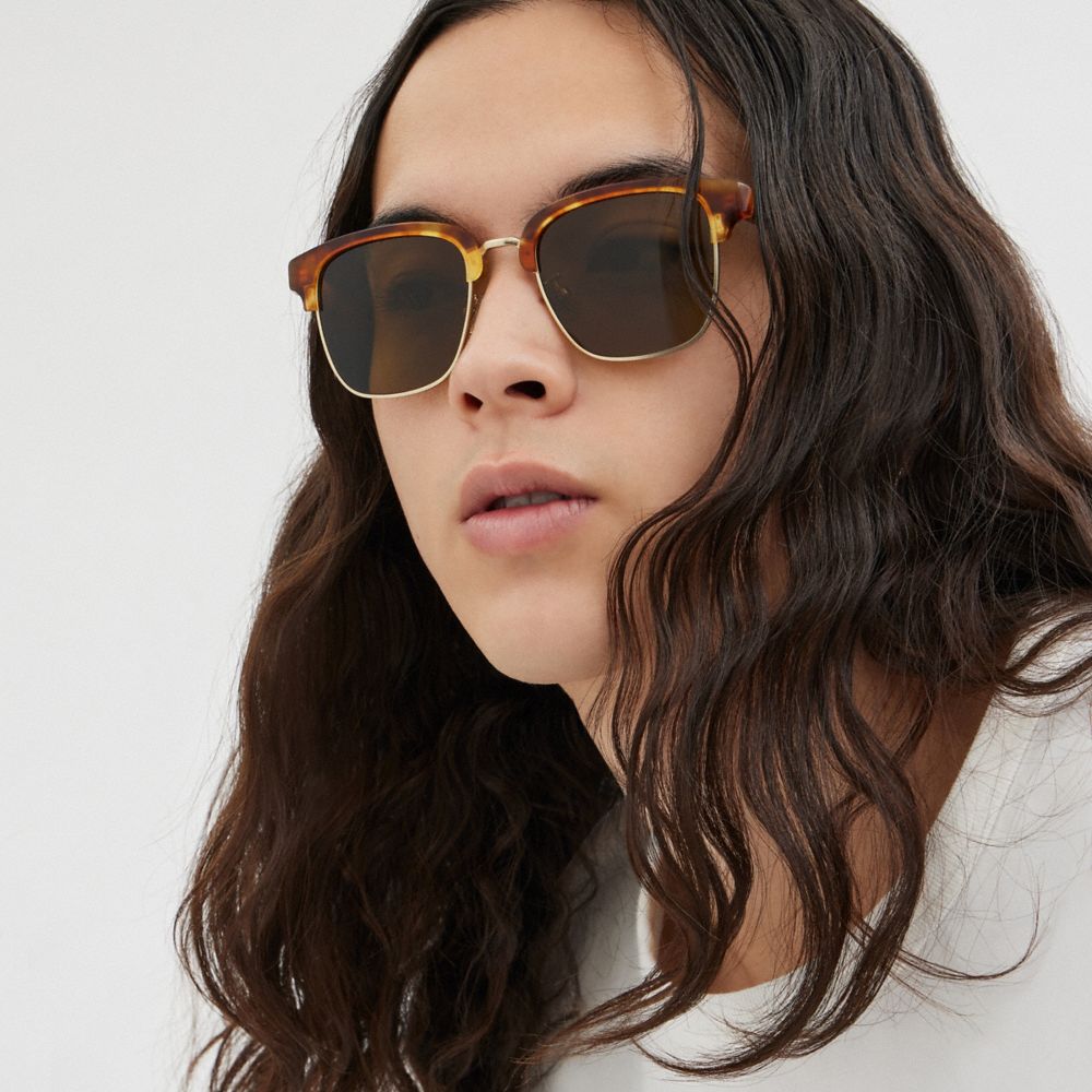 COACH®,Retro Sunglasses,Clubmaster,Logo,Metal,Adjustable Nose Pads,Casual,Brown,Angle View