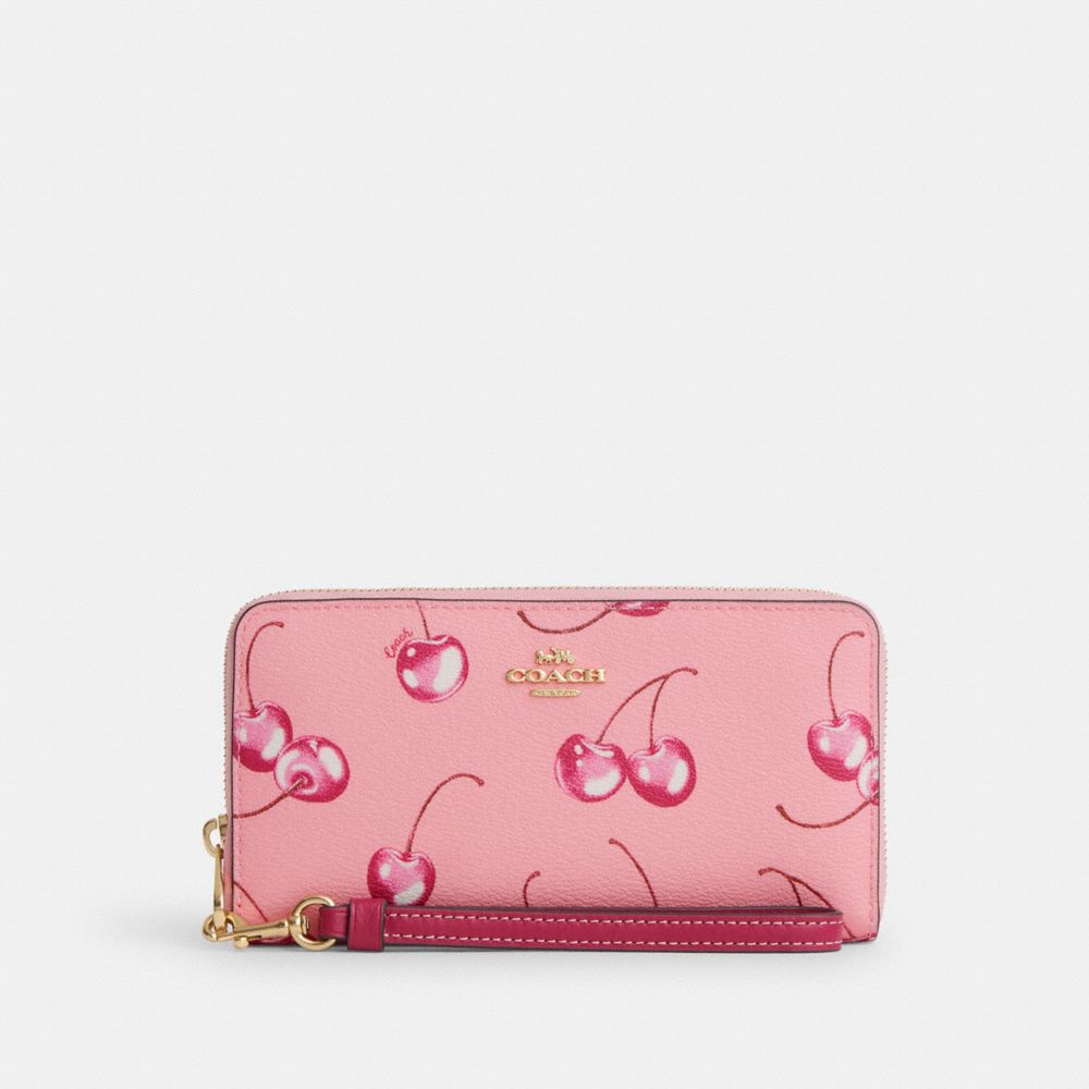 COACH®,LONG ZIP AROUND WALLET WITH CHERRY PRINT,Novelty Print,Mini,Im/Flower Pink/Bright Violet,Front View