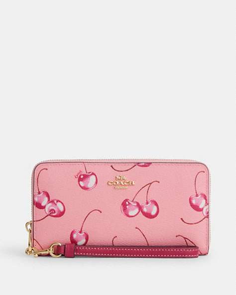 COACH®,LONG ZIP AROUND WALLET WITH CHERRY PRINT,pvc,Im/Flower Pink/Bright Violet,Front View
