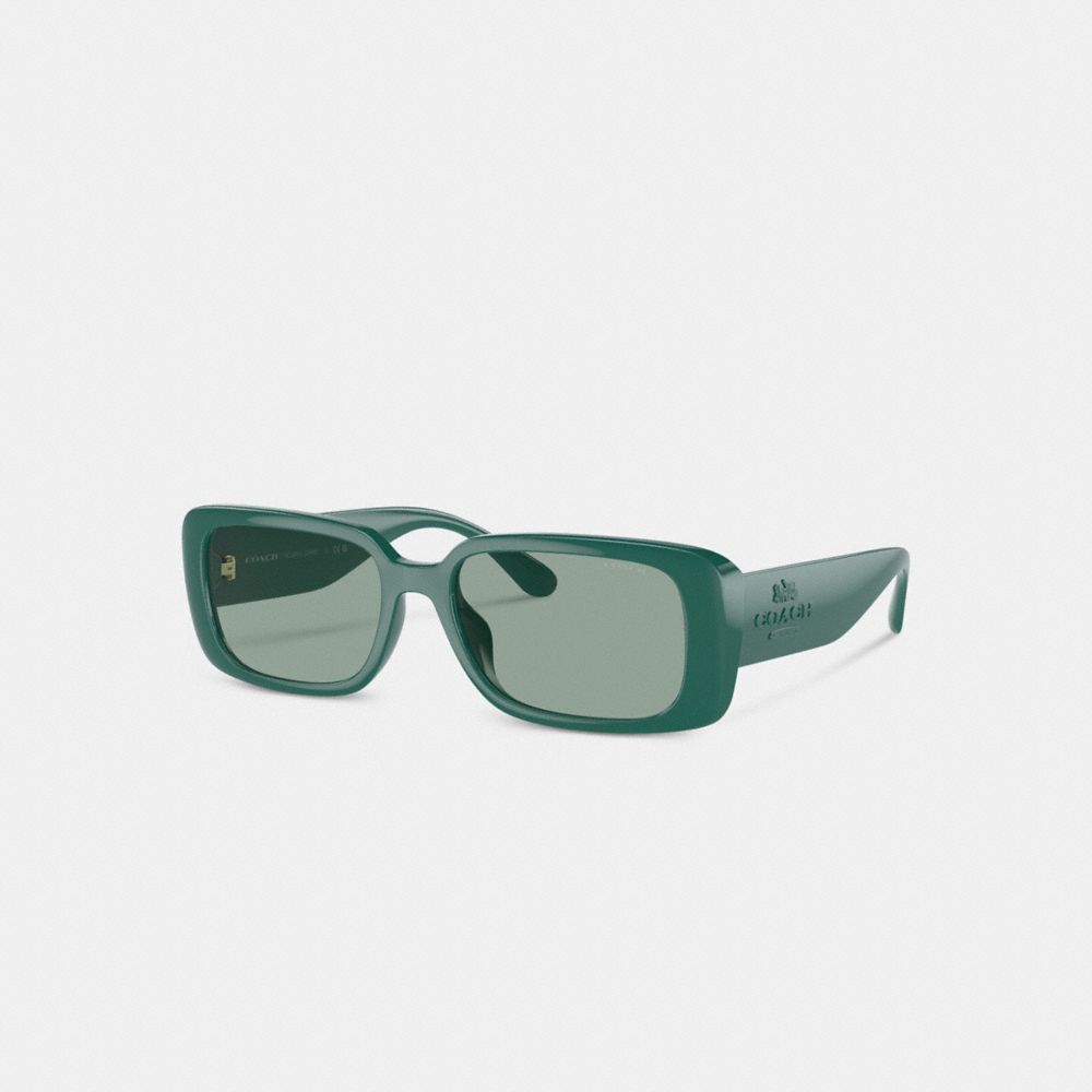 COACH®,LUNETTES DE SOLEIL RECTANGULAIRES ÉTROITES,Plastique,Vert sombre,Front View