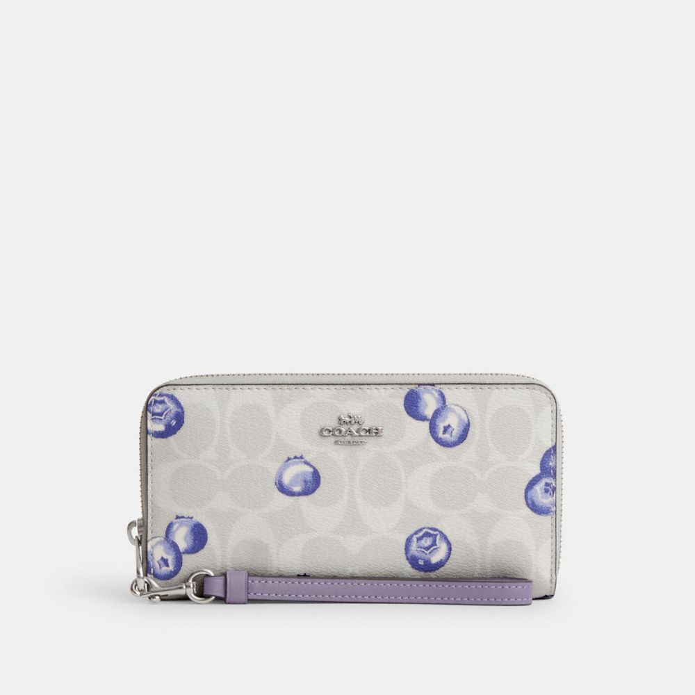 COACH®,LONG ZIP AROUND WALLET IN SIGNATURE CANVAS WITH BLUEBERRY PRINT,Signature Canvas,Mini,Silver/Chalk/Light Violet,Front View