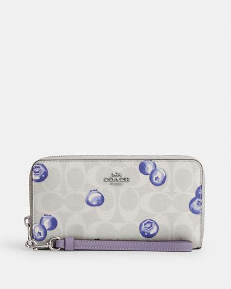 COACH®,LONG ZIP AROUND WALLET IN SIGNATURE CANVAS WITH BLUEBERRY PRINT,pvc,Silver/Chalk/Light Violet,Front View