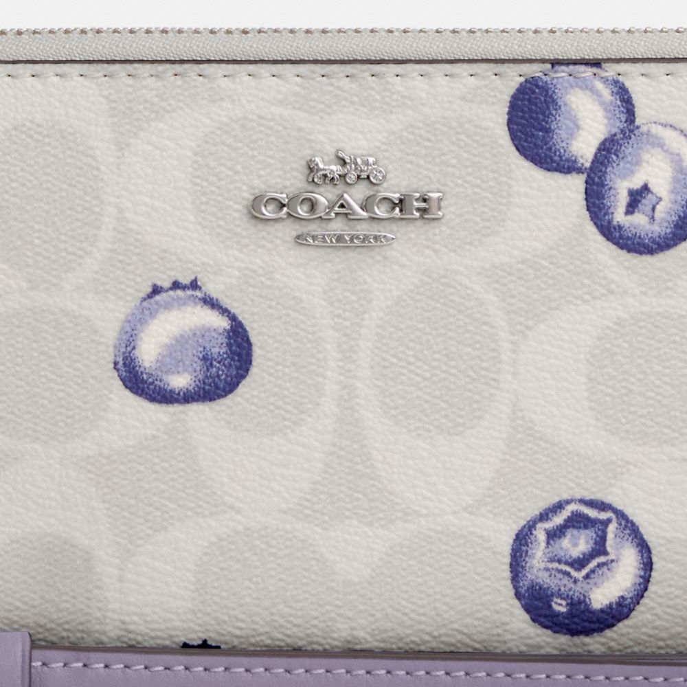 COACH®,LONG ZIP AROUND WALLET IN SIGNATURE CANVAS WITH BLUEBERRY PRINT,Signature Canvas,Mini,Silver/Chalk/Light Violet