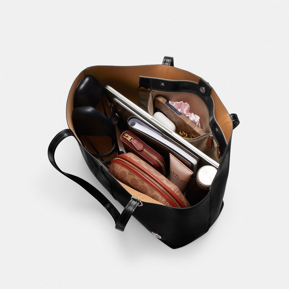 COACH®,North Tote Bag 32,Leather,Tote,Logo,Metal,Embossed,Silver Metal,Work,Brown,Inside View, Top View