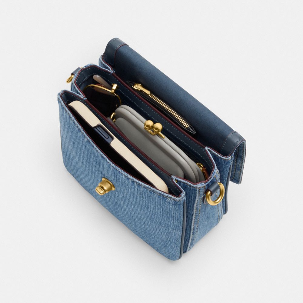 COACH®,Cassie Crossbody Bag 19,Cotton,Calfskin Leather,Denim,Crossbody,Logo,Metal,Embossed,Sustainable,Compact,Brass,Day P...,Blue,Inside View, Top View