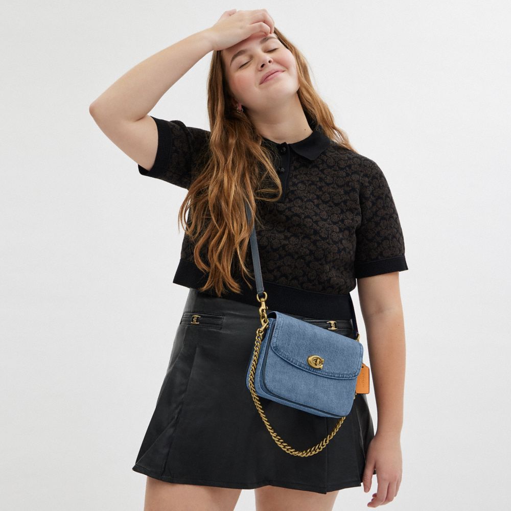 COACH®,Cassie Crossbody Bag 19,Cotton,Calfskin Leather,Denim,Crossbody,Logo,Metal,Embossed,Sustainable,Compact,Brass,Day P...,Blue
