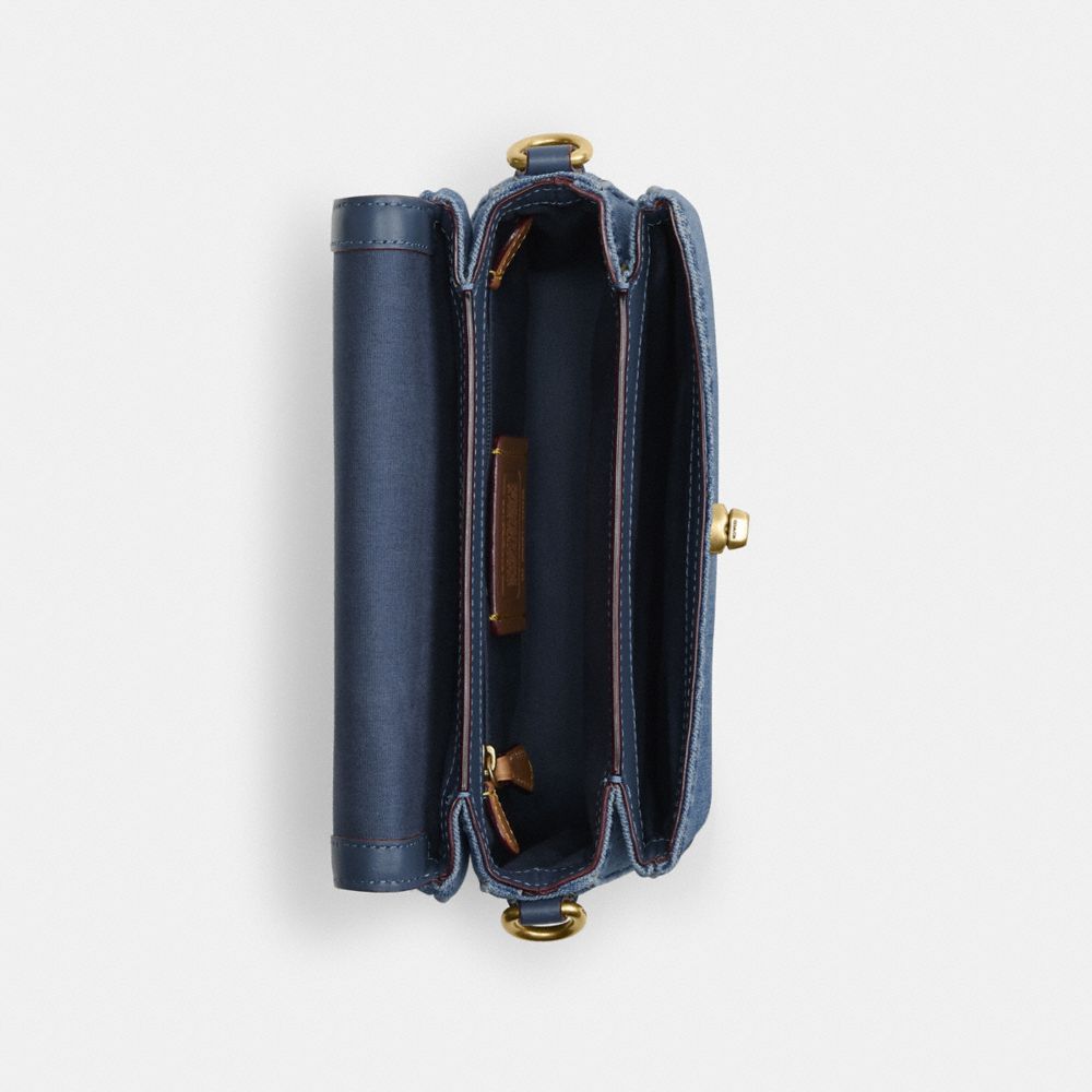 COACH®,Cassie Crossbody Bag 19,Cotton,Calfskin Leather,Denim,Crossbody,Logo,Metal,Embossed,Sustainable,Compact,Brass,Day P...,Blue,Inside View,Top View