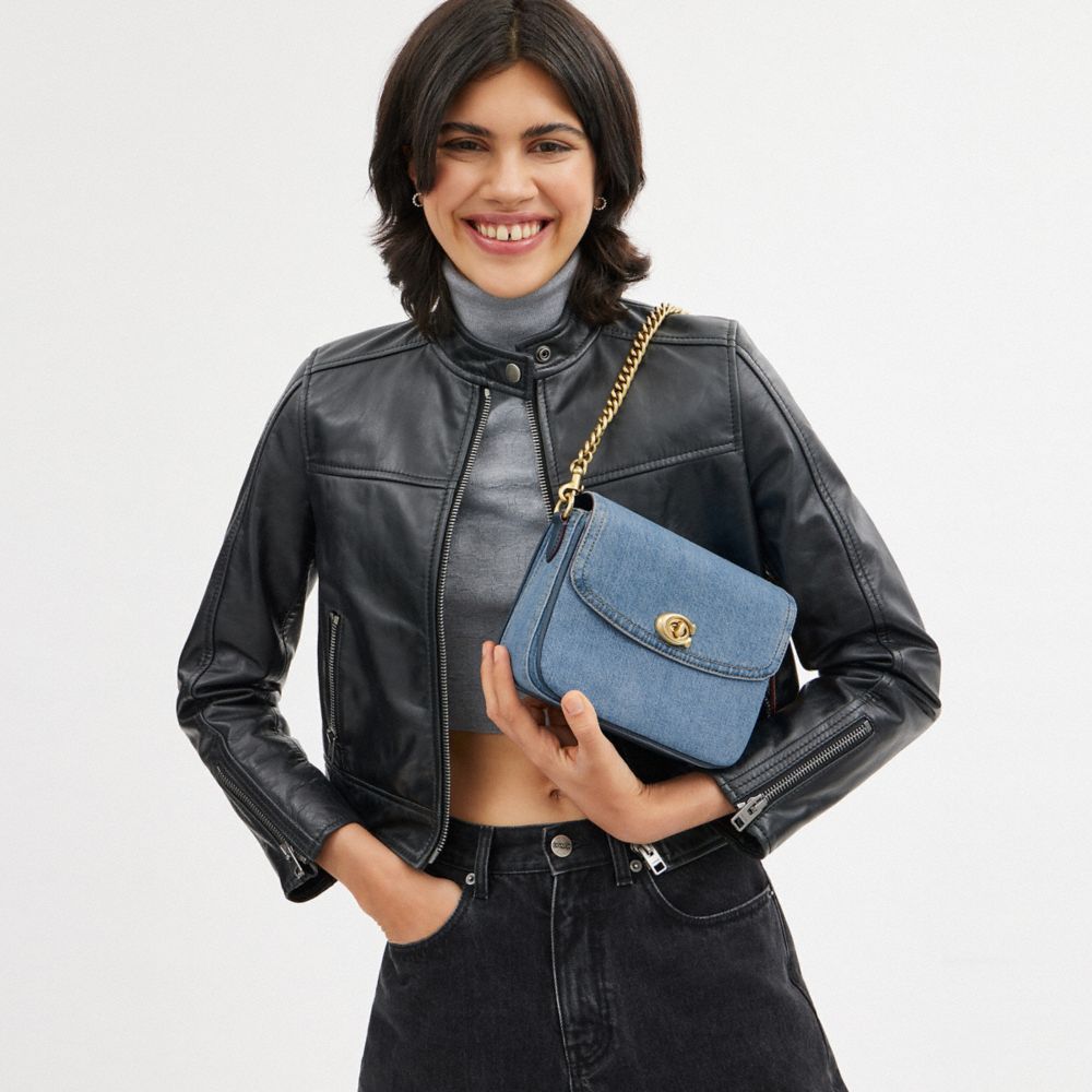 COACH®,Cassie Crossbody Bag 19,Cotton,Calfskin Leather,Denim,Crossbody,Logo,Metal,Embossed,Sustainable,Compact,Brass,Day P...,Blue,Detail View