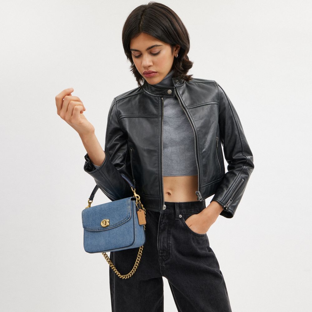 COACH®,Cassie Crossbody Bag 19,Cotton,Calfskin Leather,Denim,Crossbody,Logo,Metal,Embossed,Sustainable,Compact,Brass,Day P...,Blue,Detail View