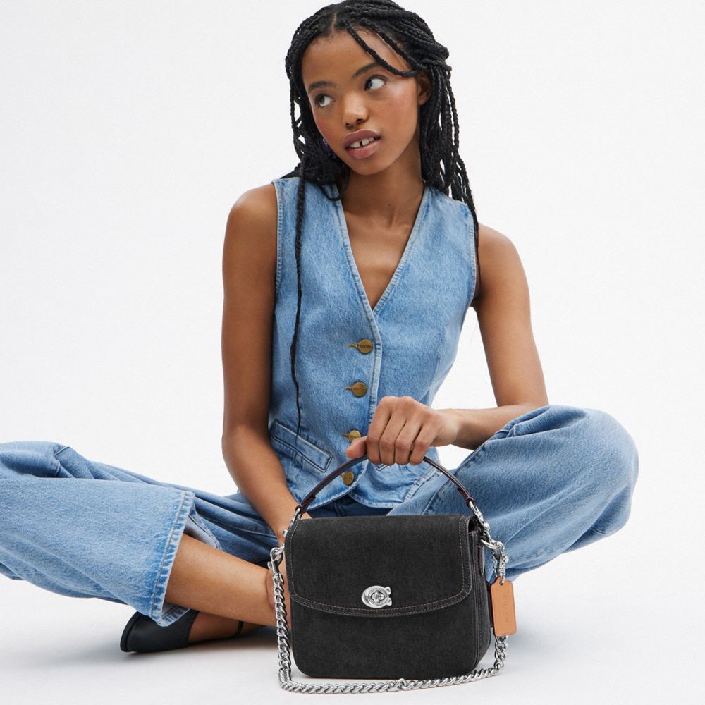 COACH®,Cassie Crossbody Bag 19,Cotton,Calfskin Leather,Denim,Crossbody,Logo,Metal,Embossed,Sustainable,Compact,Brass,Day P...,,Detail View