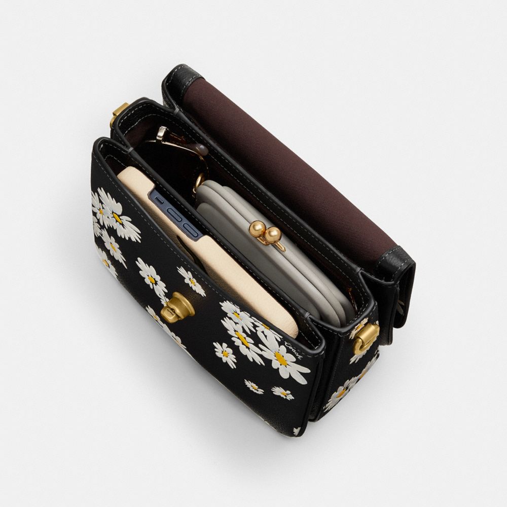 COACH®,Cassie Crossbody Bag 19 With Floral Print,Leather,Crossbody,Logo,Embossed,Metal,Compact,Day Party,Black,Inside View, Top View