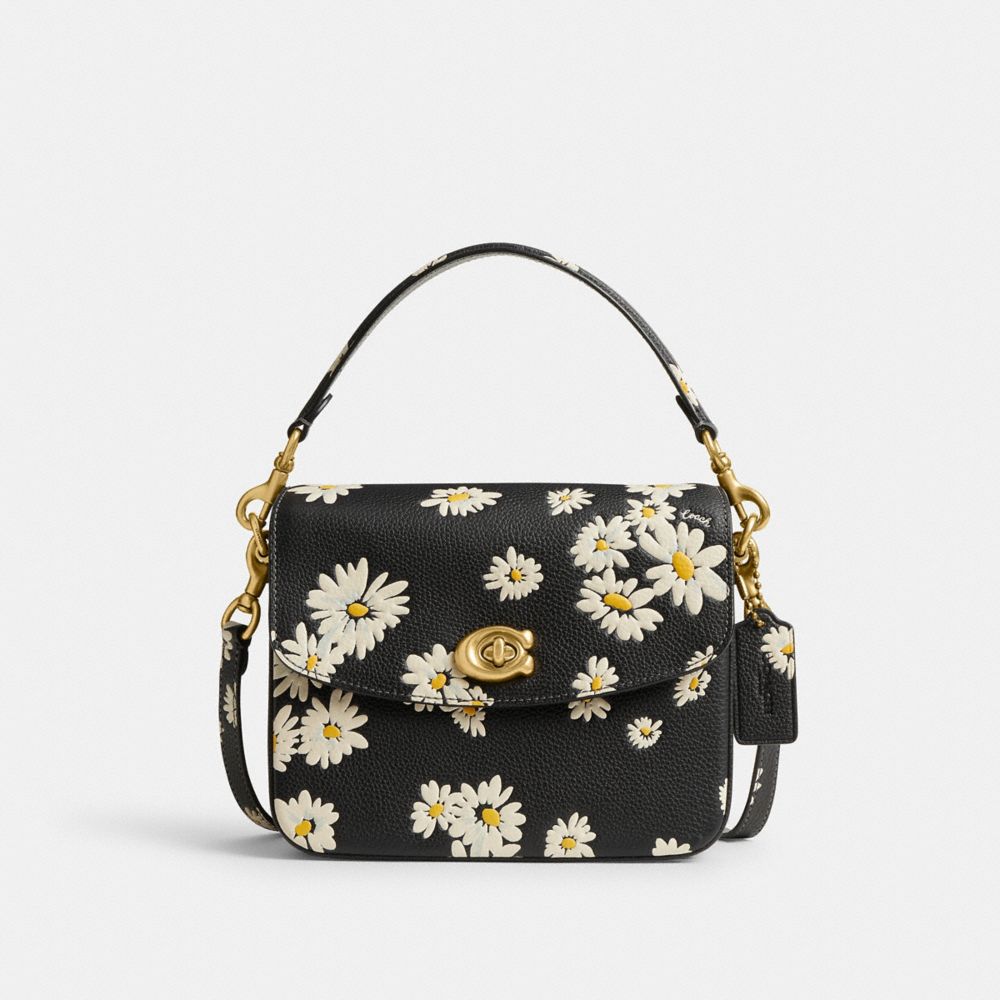 COACH®,CASSIE CROSSBODY BAG 19 WITH FLORAL PRINT,Polished Pebble Leather,Medium,Brass/Black Multi,Front View