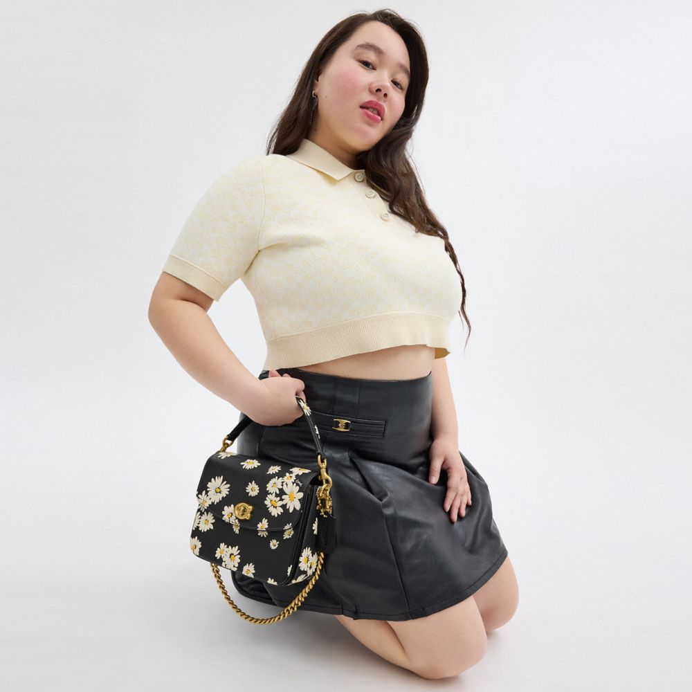 COACH®,Cassie Crossbody Bag 19 With Floral Print,Leather,Crossbody,Logo,Embossed,Metal,Compact,Day Party,Black,Detail View