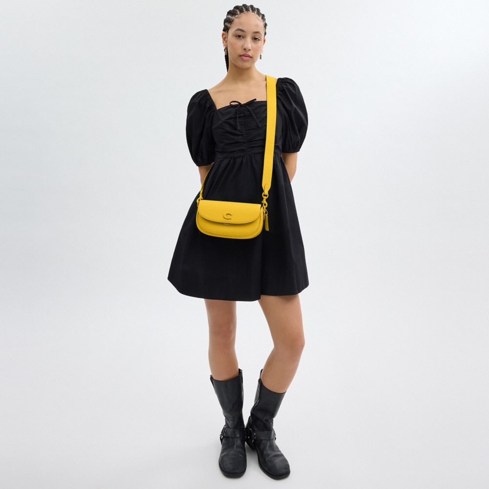 COACH®,Emmy Saddle Bag 23,Leather,Saddle Bag,Metal,Embossed,Logo,Pen Holder,Casual,Mustard