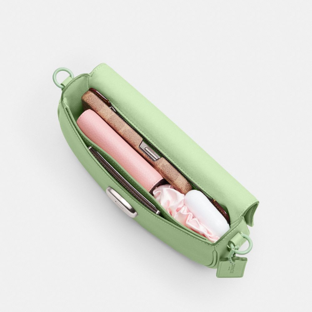 COACH®,Emmy Saddle Bag 23,Leather,Shoulder Bag,Logo,Compact,Casual,Green,Inside View,Top View