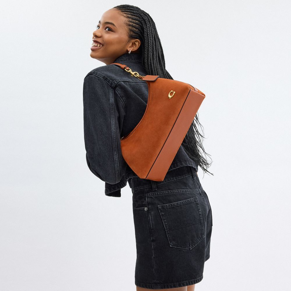 COACH®,Juliet Shoulder Bag,Leather,Velvet,Suede,Shoulder Bag,Logo,Metal,Embossed,Casual,Brown,Detail View