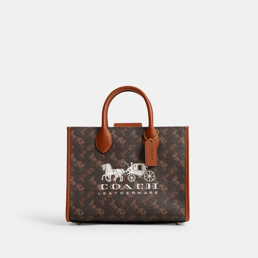 COACH®,ACE TOTE BAG 26 WITH HORSE AND CARRIAGE PRINT,Medium,Brass/Truffle Burnished Amber,Front View