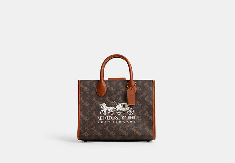 COACH®,ACE TOTE BAG 26 WITH HORSE AND CARRIAGE PRINT,Medium,Brass/Truffle Burnished Amber,Front View