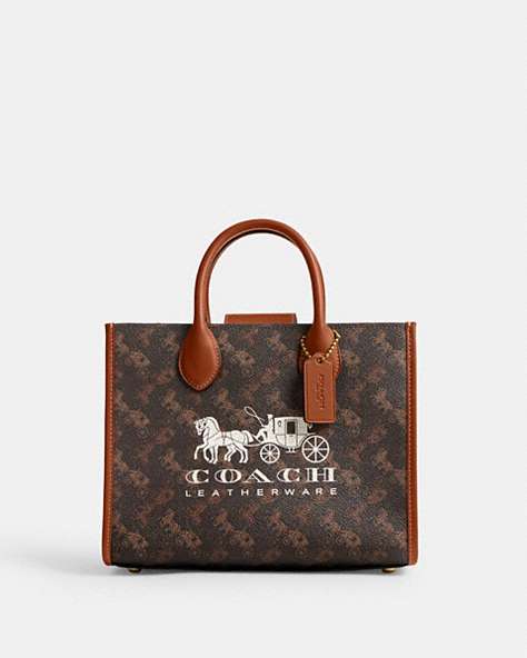 COACH®,ACE TOTE 26 WITH HORSE AND CARRIAGE PRINT,Medium,Brass/Truffle Burnished Amber,Front View