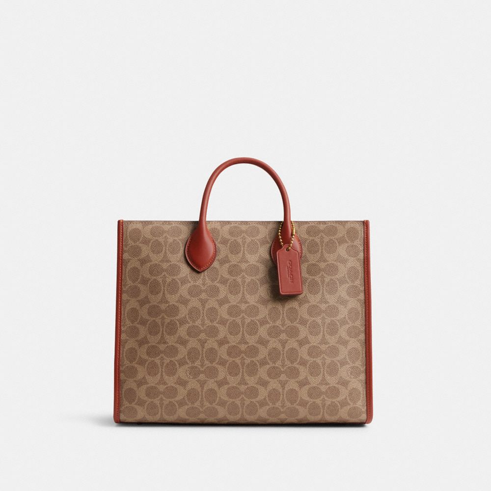 COACH®,ACE TOTE BAG 35 IN SIGNATURE CANVAS,X-Large,Brass/Tan/Rust,Front View image number 0