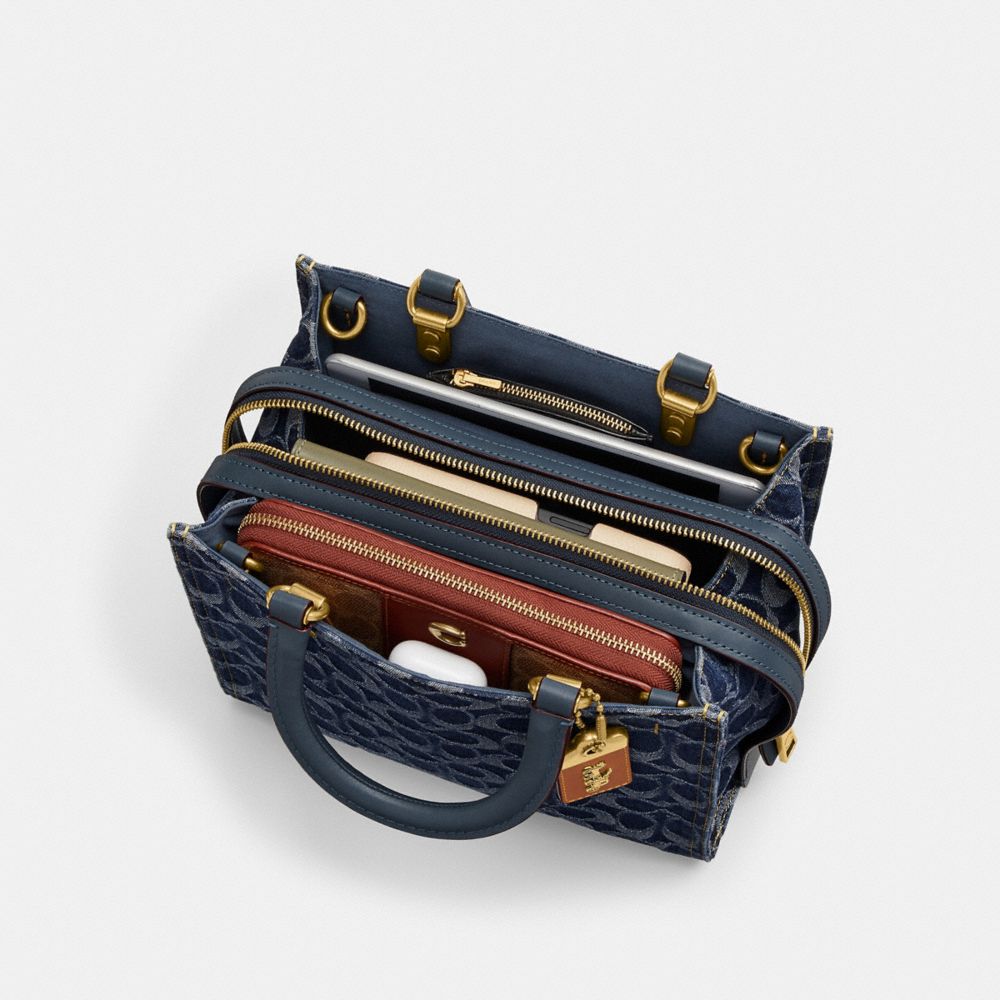 COACH®,Rogue Bag 25 In Signature Denim,Denim,Cotton,Satchel,Studded,Day Party,,Inside View, Top View
