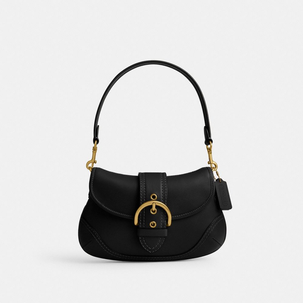 COACH®,Soho Flap Bag In Regenerative Leather,Leather,Shoulder Bag,Logo,Stitching,Embossed,Day Party,Black,Front View