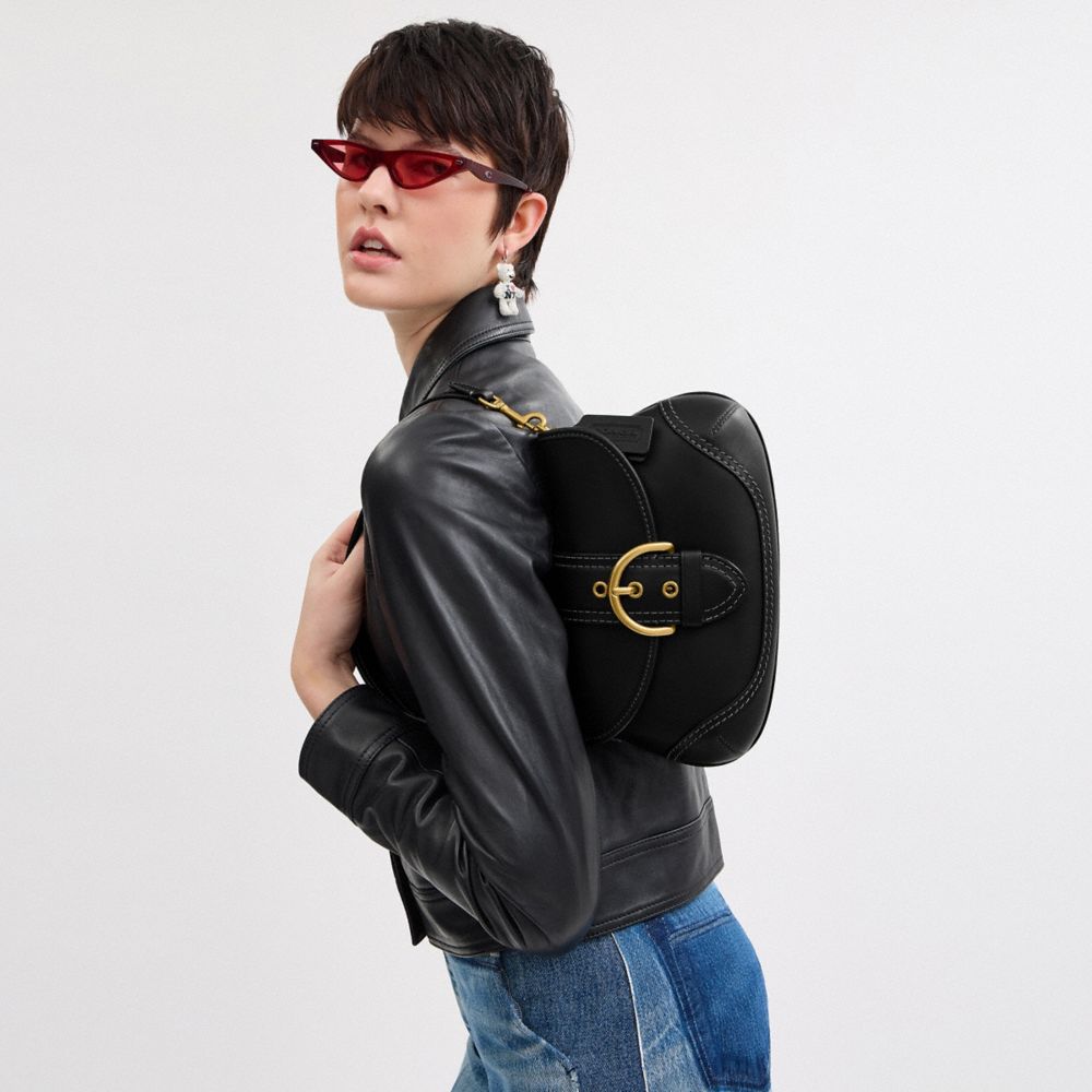 COACH®,Soho Flap Bag In Regenerative Leather,Leather,Shoulder Bag,Logo,Stitching,Embossed,Day Party,Black,Detail View