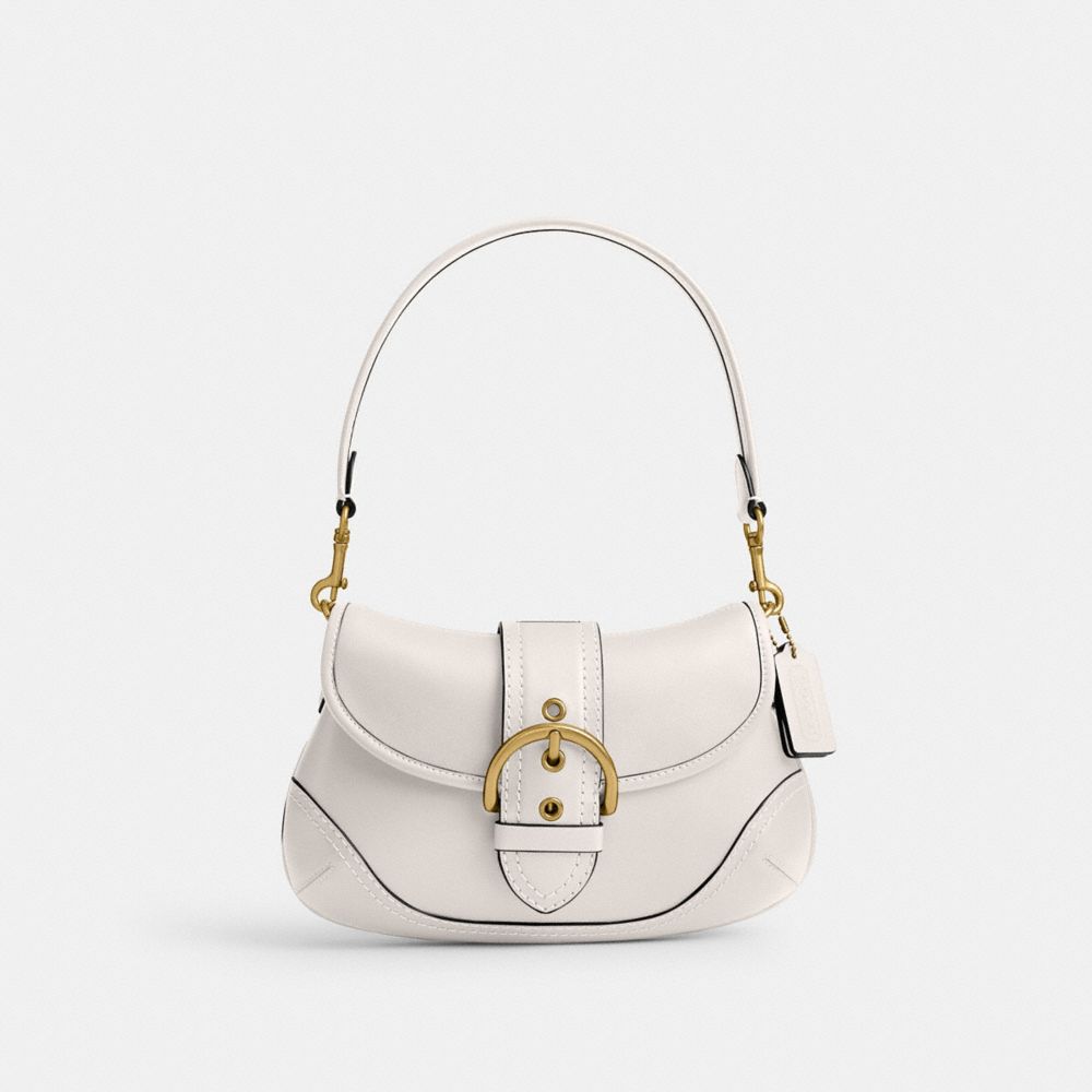 COACH®,Soho Flap Bag In Regenerative Leather,Leather,Shoulder Bag,Embossed,Stitching,Logo,Day Party,White,Front View