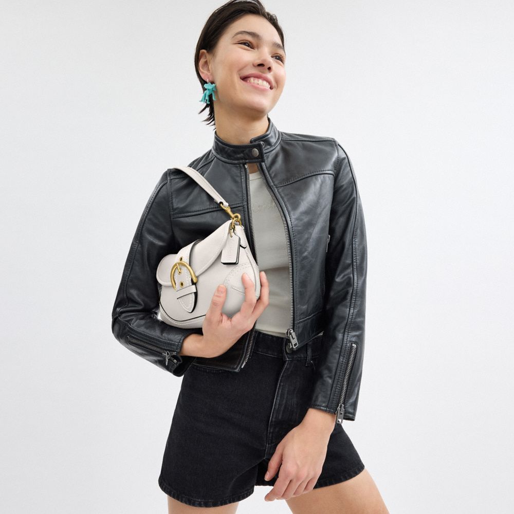 COACH®,Soho Flap Bag In Regenerative Leather,Leather,Shoulder Bag,Embossed,Stitching,Logo,Day Party,White,Detail View