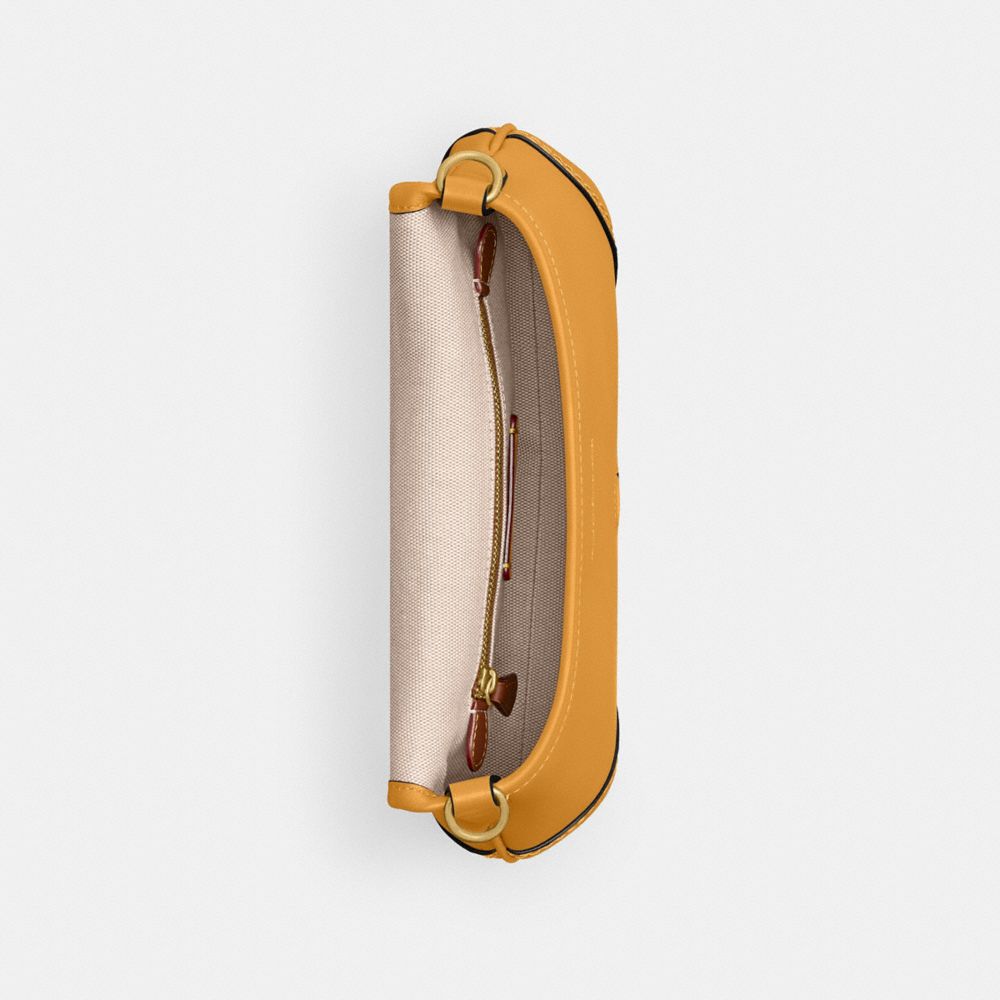 COACH®,Soho Flap Bag In Regenerative Leather,Leather,Shoulder Bag,Logo,Embossed,Stitching,Casual,Mustard,Inside View,Top View
