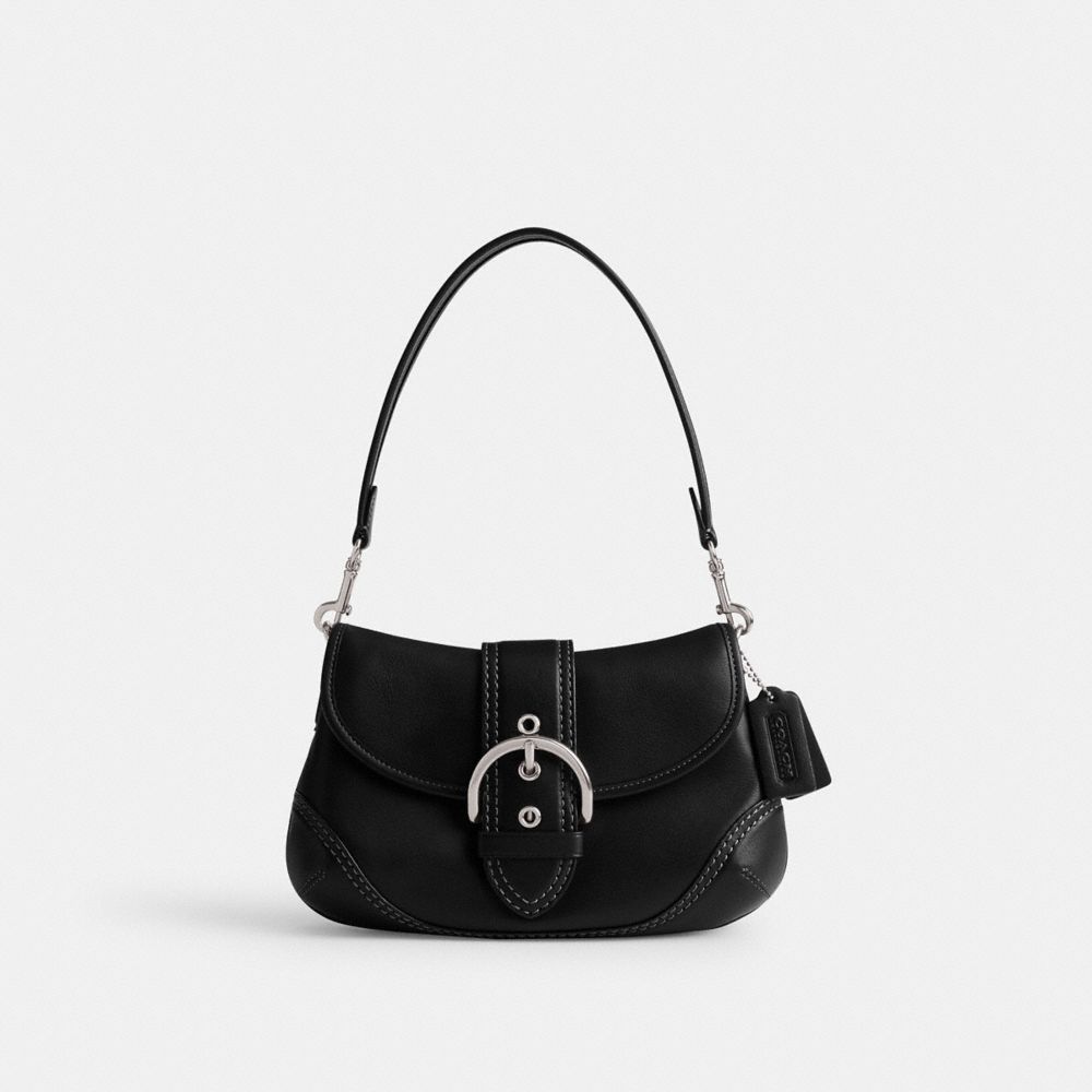 COACH®,Soho Flap Bag In Regenerative Leather,Leather,Shoulder Bag,Logo,Embossed,Stitching,Casual,Black,Front View