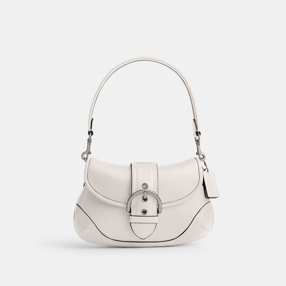 COACH®,Soho Flap Bag In Regenerative Leather,Leather,Shoulder Bag,Logo,Embossed,Stitching,Casual,White,Front View