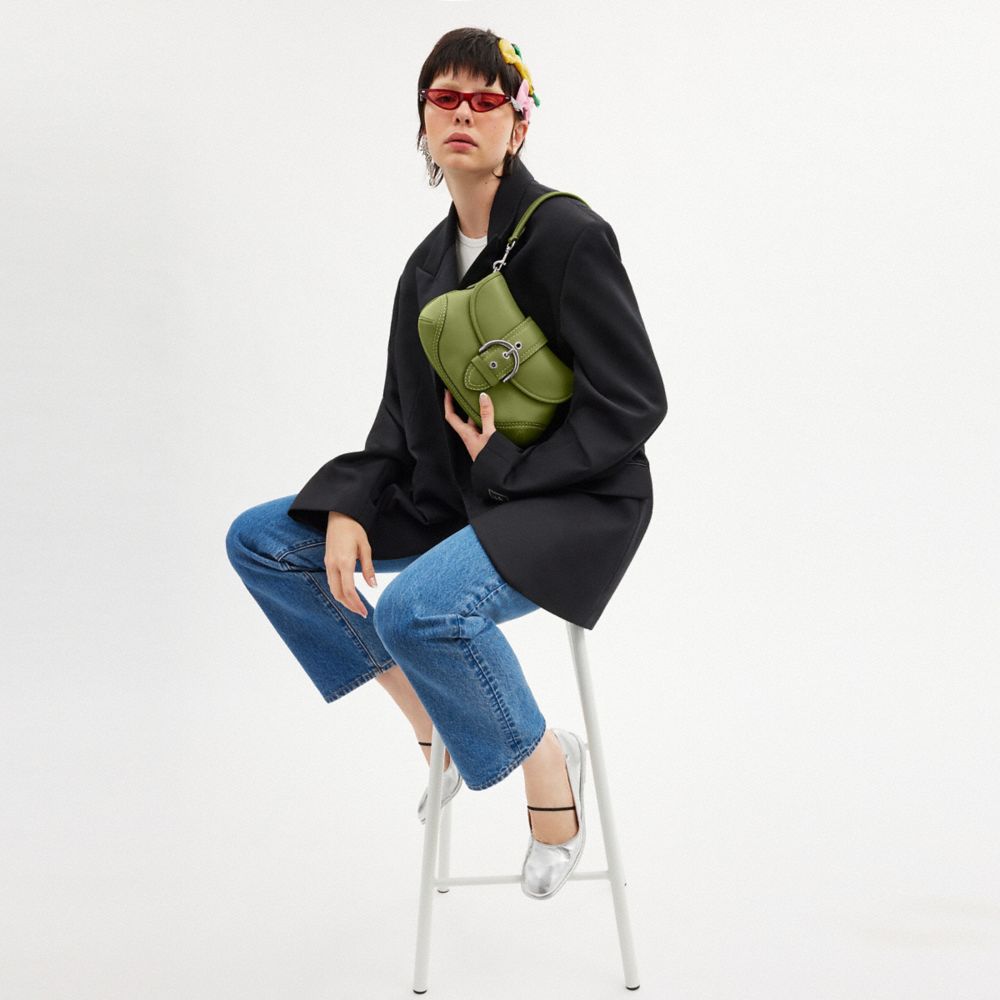 COACH®,Soho Flap Bag In Regenerative Leather,Leather,Shoulder Bag,Embossed,Stitching,Logo,Day Party,Olive,Detail View