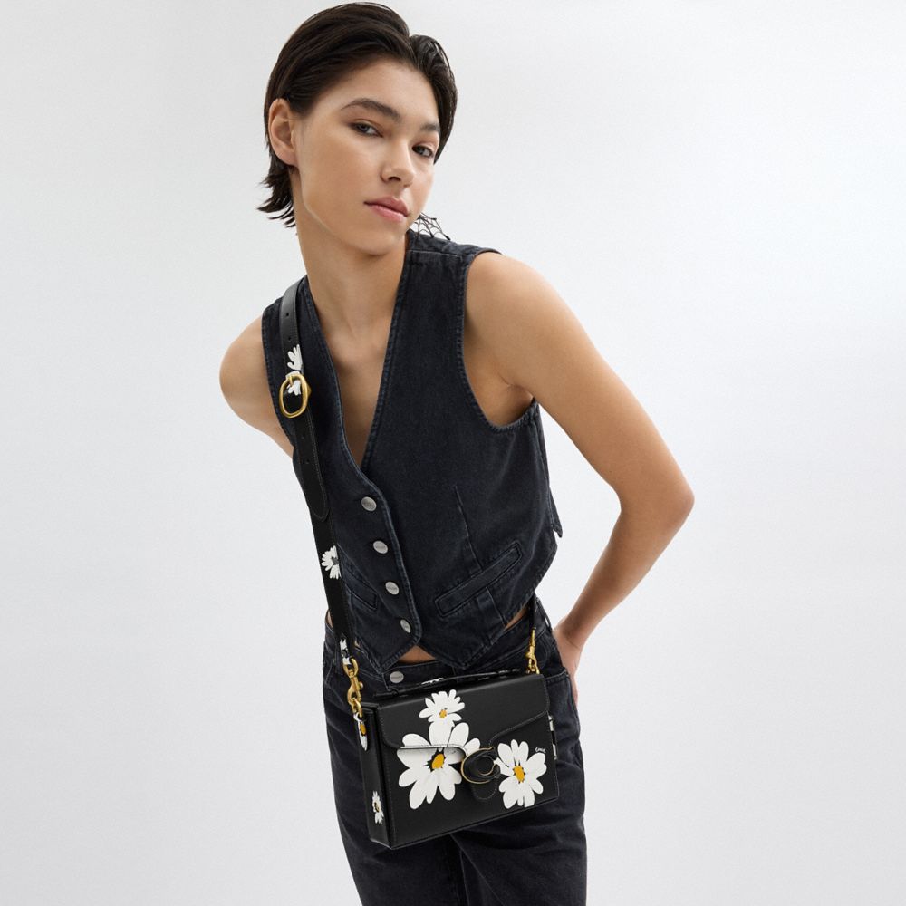 COACH®,Tabby Box Bag With Floral Print,Leather,Lining Lining Fabric Content,Crossbody,Wristlet,Embossed,Logo,Metal,Expanda...,Black,Detail View
