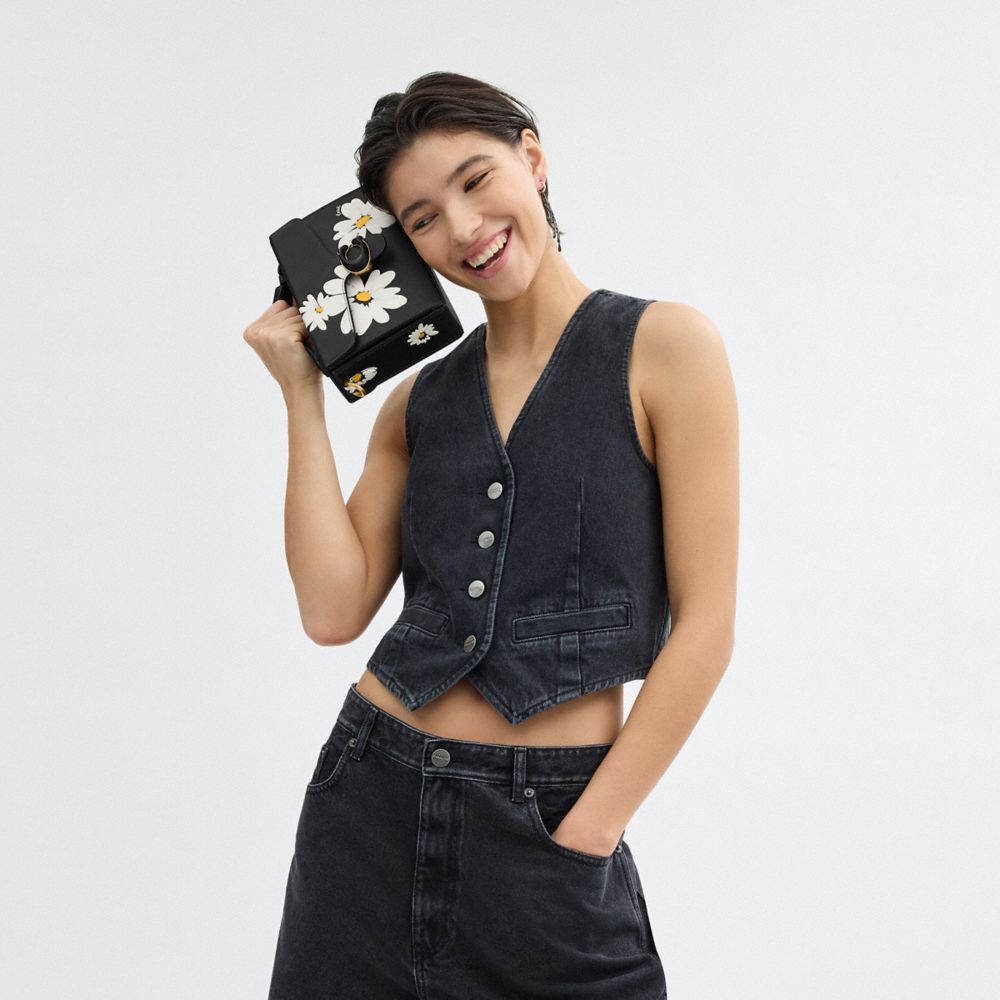 COACH®,Tabby Box Bag With Floral Print,Leather,Lining Lining Fabric Content,Crossbody,Wristlet,Embossed,Logo,Metal,Expanda...,Black,Detail View