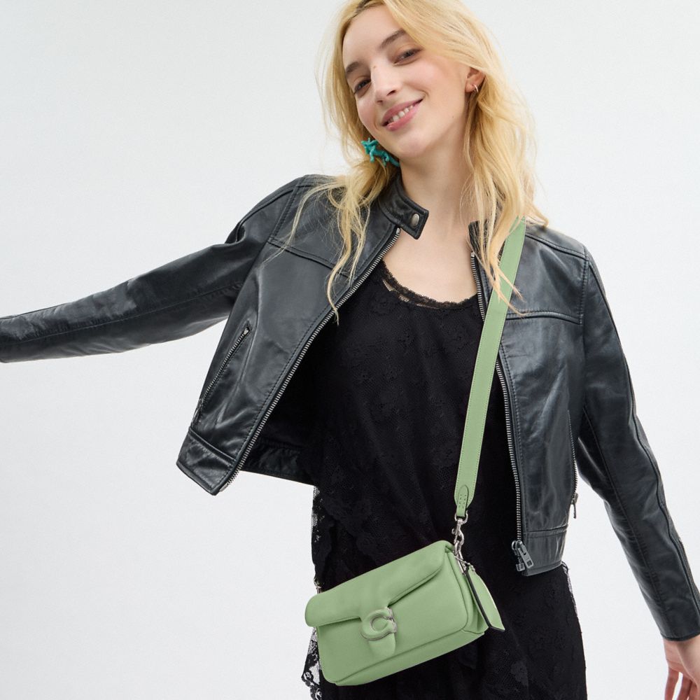 COACH®,Pillow Tabby Shoulder Bag 20,Leather,Shoulder Bag,Embossed,Logo,Metal,Day Party,Green