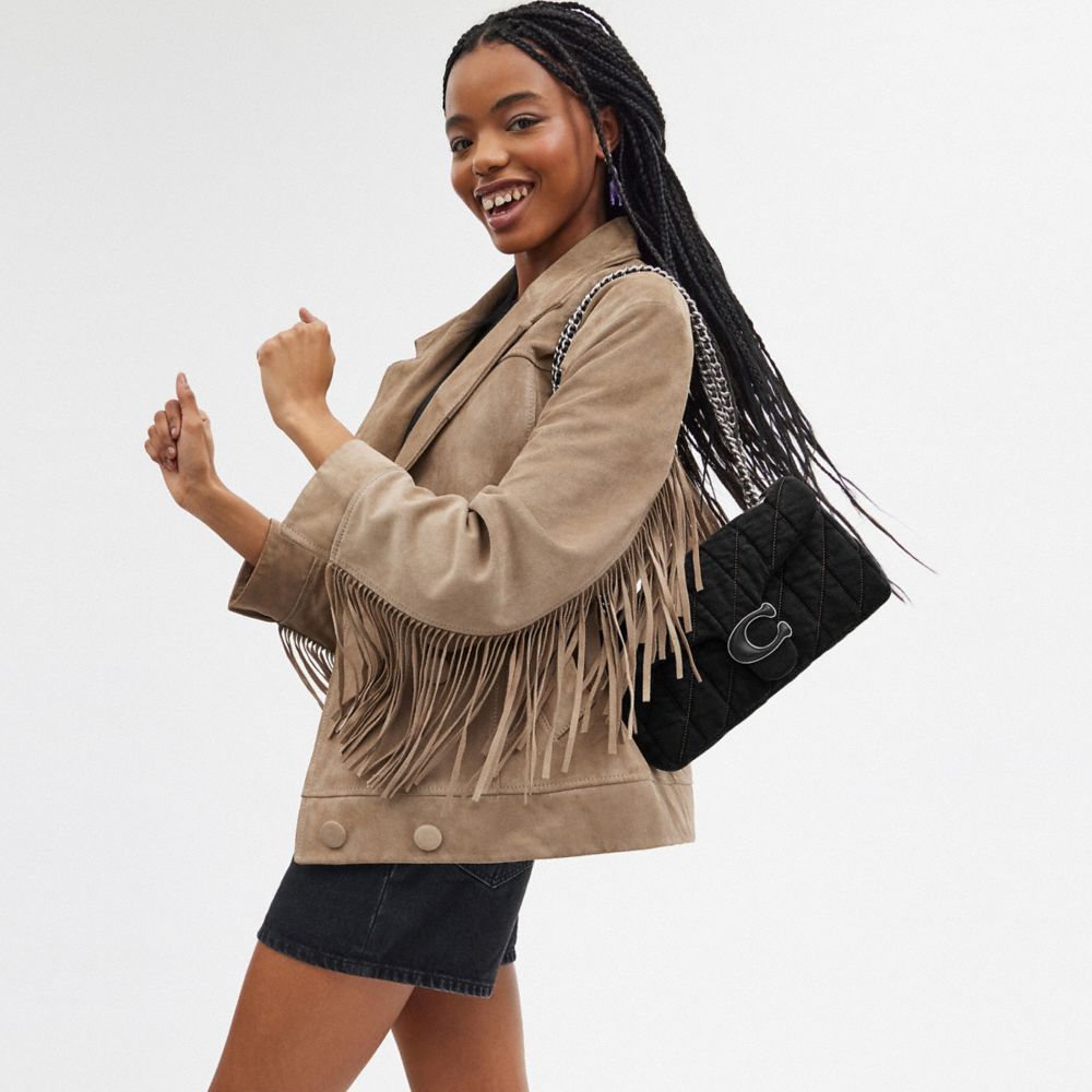 COACH®,Tabby Shoulder Bag 26 With Quilting,Cotton,Shoulder Bag,Chain Detail,Logo,Metal,Compact,Day Party,Black,Detail View