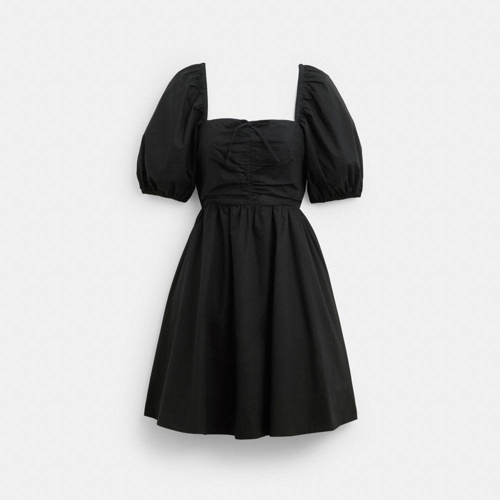COACH®,SHORT DRESS WITH PUFF SLEEVES IN ORGANIC COTTON,Organic Cotton,Black,Front View