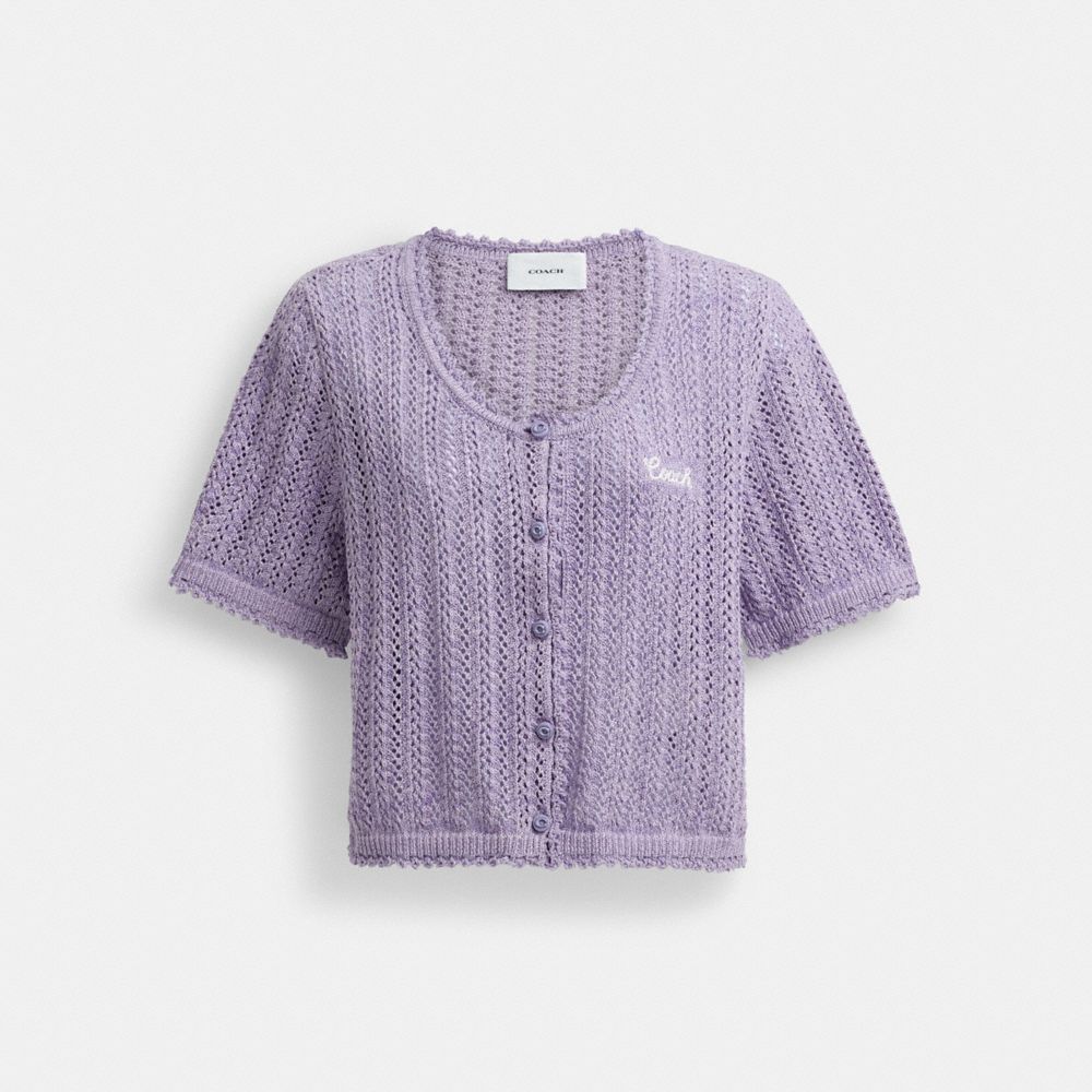 COACH®,CROPPED KNIT BUTTON UP TOP,cotton,Lilac,Front View