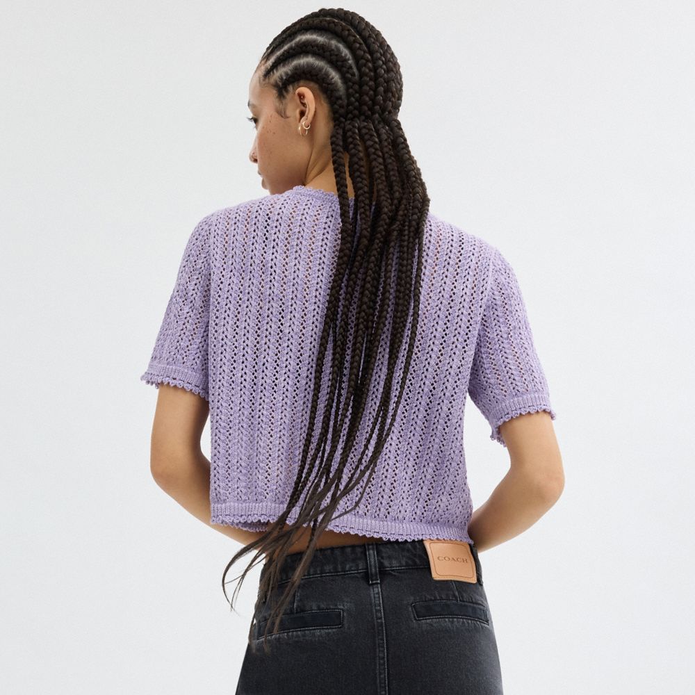 COACH®,CROPPED KNIT BUTTON UP TOP,cotton,Lilac,Scale View
