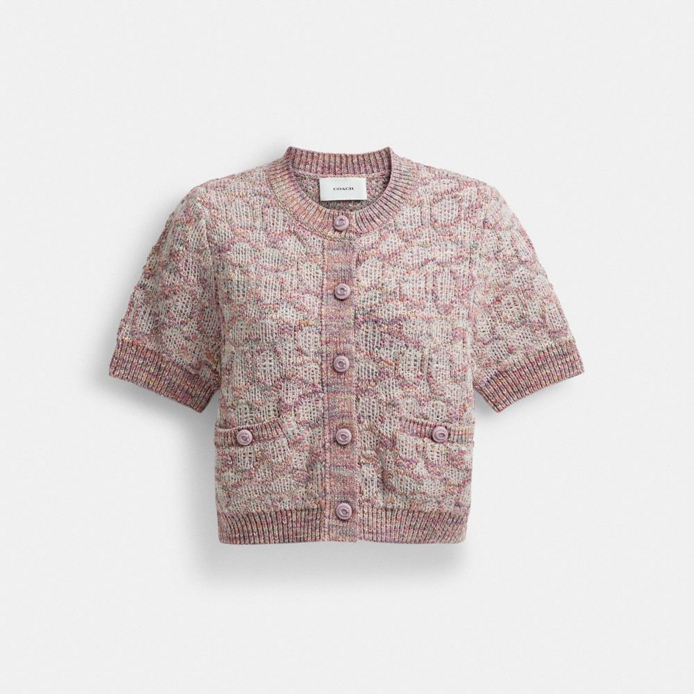 COACH®,Short Sleeve Knit Top,Cotton,Linen,Cotton Blend,Cardigan,Button,Casual,Multi Color,Front View